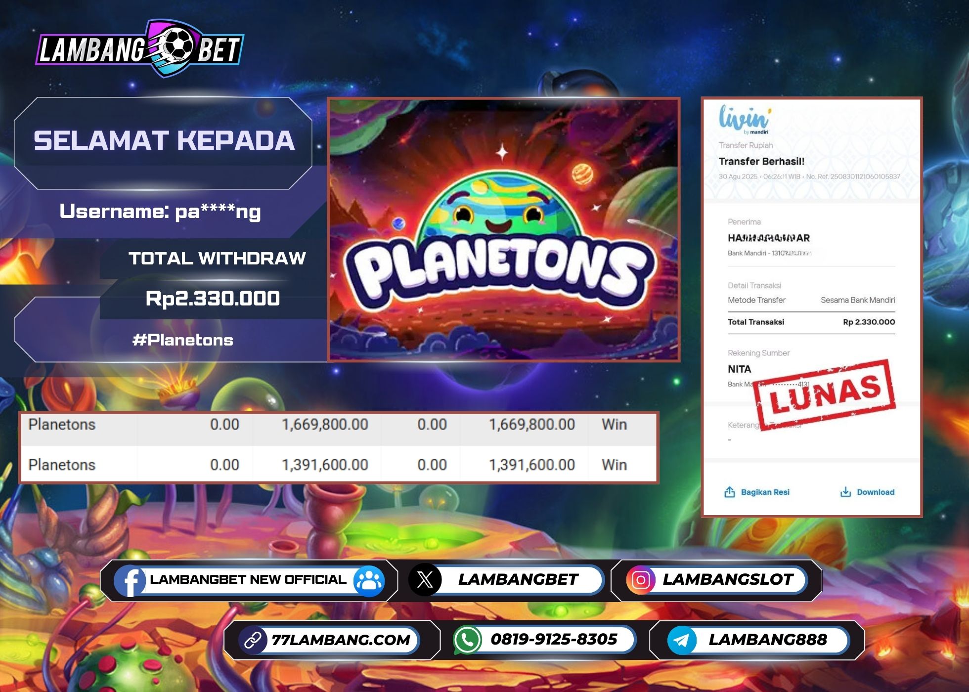 LAMBANGBET [30 AUGUST 2025] JACKPOT SLOT Planetons "Rp2.330.000" LUNAS
